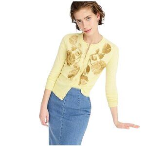 J.Crew Jackie Floral Sequin Butter Yellow Gold Cardigan Sweater Size L